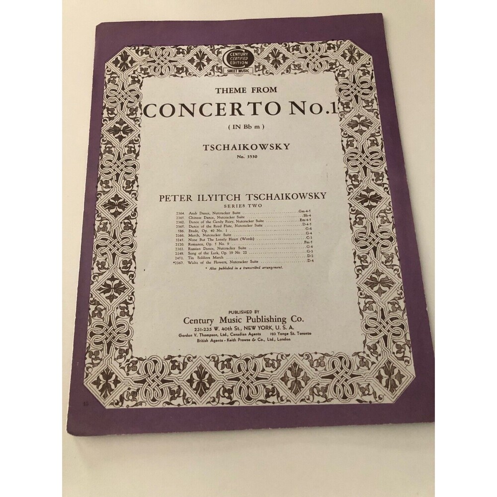 Theme from Concerto No. 1 by Tschaikowsky Vintage Sheet Music